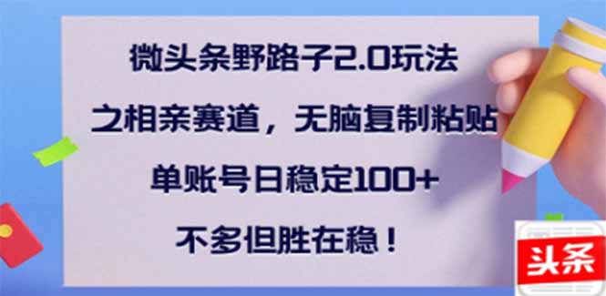 （14334期）微头条野路子2.0玩法之相亲赛道，无脑搬砖复制粘贴，单账号日稳定300+…-忧忧资源网