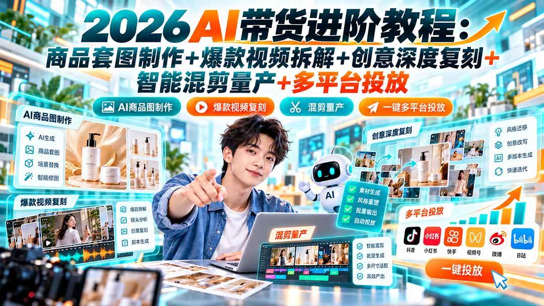 （20857期）2026AI带货进阶教程：商品套图制作+爆款视频拆解+创意深度复刻+智能混剪量产+多平台投放-幽忧帮