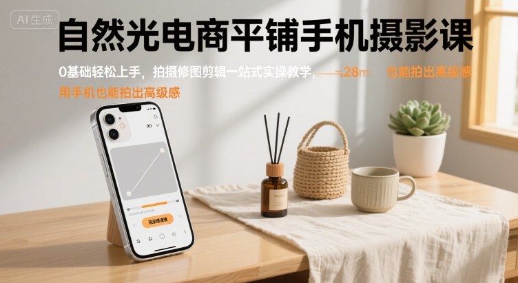 自然光电商平铺手机摄影课,0基础轻松上手,拍摄修图剪辑一站式实操教学,用手机也能拍出高级感-幽忧帮